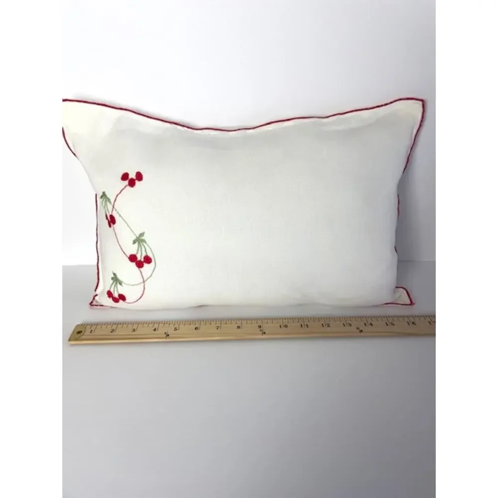 Upcycled Handcrafted Vintage Linen Cherry Doily Accent Boudoir Pillow 14
